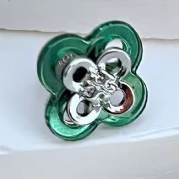 TORY BURCH STACKED GREEN + SILVER LOGO KIRA CLOVER STUD EARRINGS - Picture 5 of 6